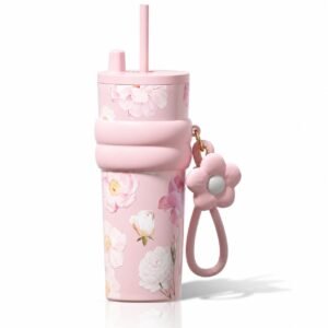 Pink Stainless Steel Tumbler with Lid and Straw, Insulated Coffee Mug, Leak Proof, Portable Iced Travel Water Tumbler, Reusable Coffee Cup Gift for Women, Girls Ceramic Lined Tumbler